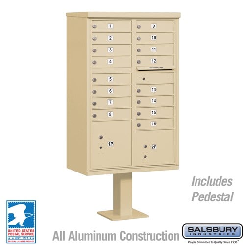 Salsbury Cluster Box Unit with 16 Doors and 2 Parcel Lockers in Sandstone with USPS Access Type III