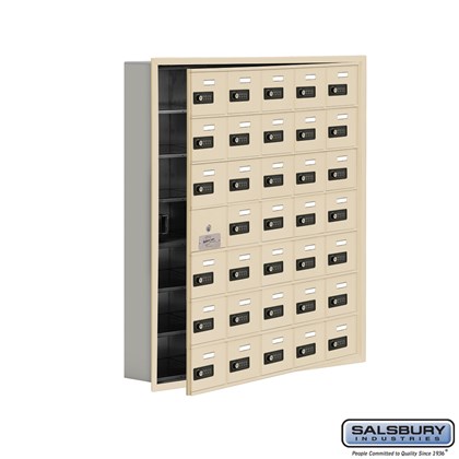  Custom Cell Phone Storage Locker - with Front Access Panel - 7 Door High Unit (5 Inch Deep Compartments) - 35 A Doors (34 usable) - Recessed Mounted - Resettable Combination Locks Model # 19175-35