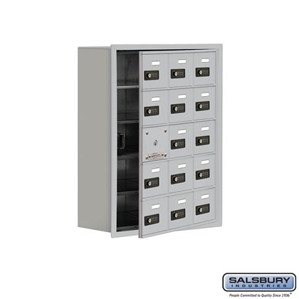 Cell Phone Storage Locker - with Front Access Panel - 5 Door High Unit (8 Inch Deep Compartments) - 15 A Doors (14 usable) - Recessed Mounted - Resettable Combination Locks