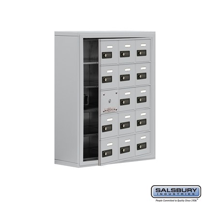 Cell Phone Storage Locker - with Front Access Panel - 5 Door High Unit (8 Inch Deep Compartments) - 15 A Doors (14 usable) - Surface Mounted - Resettable Combination Locks