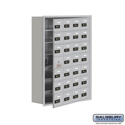 Cell Phone Storage Locker - 7 Door High Unit (8 Inch Deep Compartments) - 28 A Doors (27 usable) - Aluminum - Recessed Mounted - Resettable Combination Locks