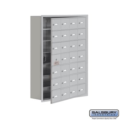 Cell Phone Storage Locker - 7 Door High Unit (8 Inch Deep Compartments) - 28 A Doors (27 usable) - Aluminum - Recessed Mounted - Master Keyed Locks