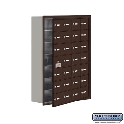 Cell Phone Storage Locker - 7 Door High Unit (8 Inch Deep Compartments) - 28 A Doors (27 usable) - Aluminum - Recessed Mounted - Master Keyed Locks