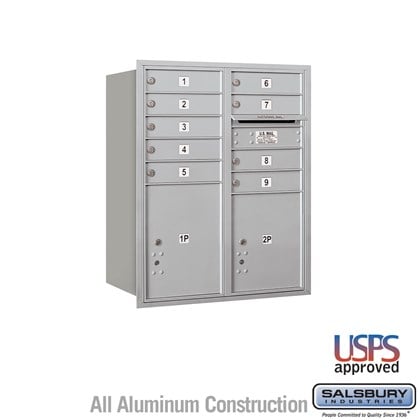 Recessed Mounted 4C Horizontal Mailbox - 10 Door High Unit (37 7/8 Inches) - Double Column - 9 MB1 Doors / 1 PL4.5 and 1 PL5 - Rear Loading - USPS Access