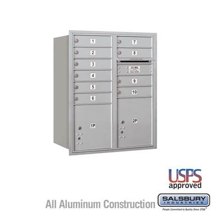 Recessed Mounted 4C Horizontal Mailbox - 10 Door High Unit (37 7/8 Inches) - Double Column - 10 MB1 Doors / 1 PL4 and 1 PL4.5 - Rear Loading - USPS Access