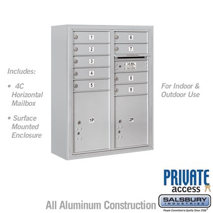 Surface Mounted 4C Horizontal Mailbox Unit (Includes 3710D-09 Mailbox, 3810D Enclosure and Master Commercial Locks) - 10 Door High Unit (38 1/2 Inches) - Double Column - 9 MB1 Doors / 1 PL4.5 and 1 PL5 - Front Loading - Private Access