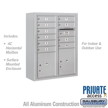 10 Door High Surface Mounted 4C Horizontal Mailbox with 10 Doors and 2 Parcel Lockers in Aluminum with Private Access