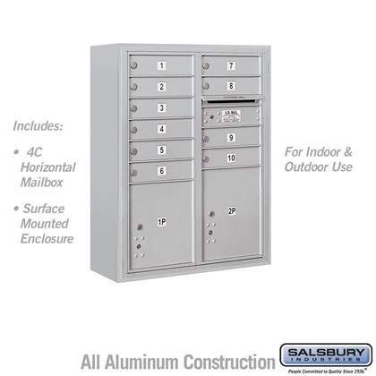 10 Door High Surface Mounted 4C Horizontal Mailbox with 10 Doors and 2 Parcel Lockers in Aluminum with USPS Access
