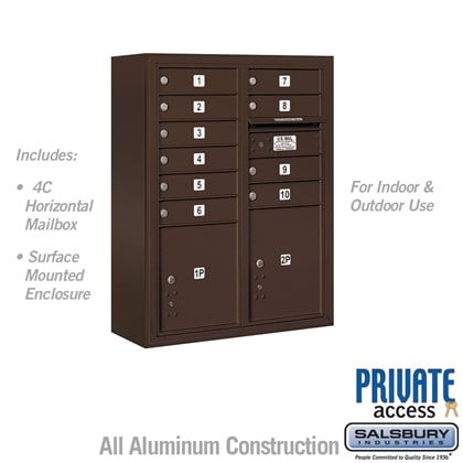 10 Door High Surface Mounted 4C Horizontal Mailbox with 10 Doors and 2 Parcel Lockers in Bronze with Private Access