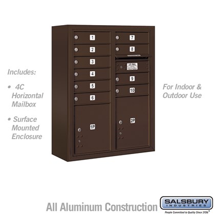 10 Door High Surface Mounted 4C Horizontal Mailbox with 10 Doors and 2 Parcel Lockers in Bronze with USPS Access