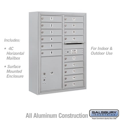 Surface Mounted 4C Horizontal Mailbox Unit (Includes 3711D-15 Mailbox and 3811D Enclosure) - 11 Door High Unit (42 Inches) - Double Column - 15 MB1 Doors / 1 PL5
