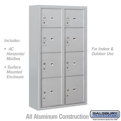 Surface Mounted 4C Horizontal Mailbox Unit (Includes 3716D-8P Parcel Locker and 3816D Enclosure) - Maximum Height Unit (57 3/4 Inches) - Double Column - Stand-Alone Parcel Locker - 2 PL3's, 4 PL4's and 2 PL4.5's - Front Loading - USPS Access