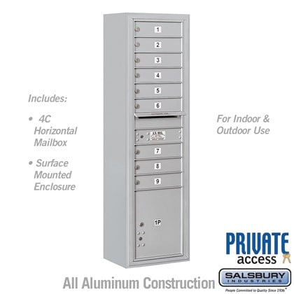 Surface Mounted 4C Horizontal Mailbox Unit (Includes 3716S-09 Mailbox, 3816S Enclosure and Master Commercial Locks) - Maximum Height Unit (57 3/4 Inches) - Single Column - 9 MB1 Doors / 1 PL4.5