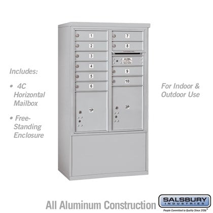 Free-Standing 4C Horizontal Mailbox Unit (includes 3710D-10 Mailbox and 3910D Enclosure) - 10 Door High Unit (52 7/8 Inches) - Double Column - 10 MB1 Doors / 1 PL4 and 1 PL4.5 - Front Loading - USPS Access