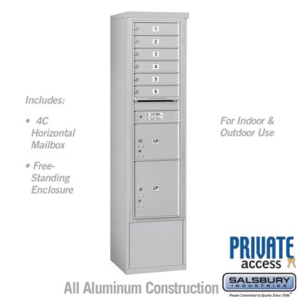 Free-Standing 4C Horizontal Mailbox Unit (includes 3716S-06 Mailbox and 3916S Enclosure) - Maximum Height Unit (72 1/8 Inches) - Single Column - 6 MB1 Doors / 1 PL3 and 1 PL4.5 - Front Loading - Private Access