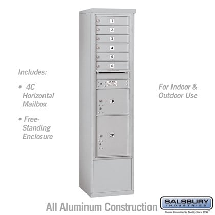 Free-Standing 4C Horizontal Mailbox Unit (includes 3716S-06 Mailbox and 3916S Enclosure) - Maximum Height Unit (72 1/8 Inches) - Single Column - 6 MB1 Doors / 1 PL3 and 1 PL4.5 - Front Loading - USPS Access