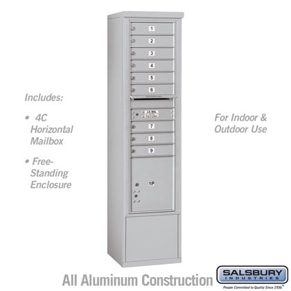 Free-Standing 4C Horizontal Mailbox Unit (Includes 3716S-09 Mailbox and 3916S Enclosure) - Maximum Height Unit (72 1/8 Inches) - Single Column - 9 MB1 Doors / 1 PL4.5