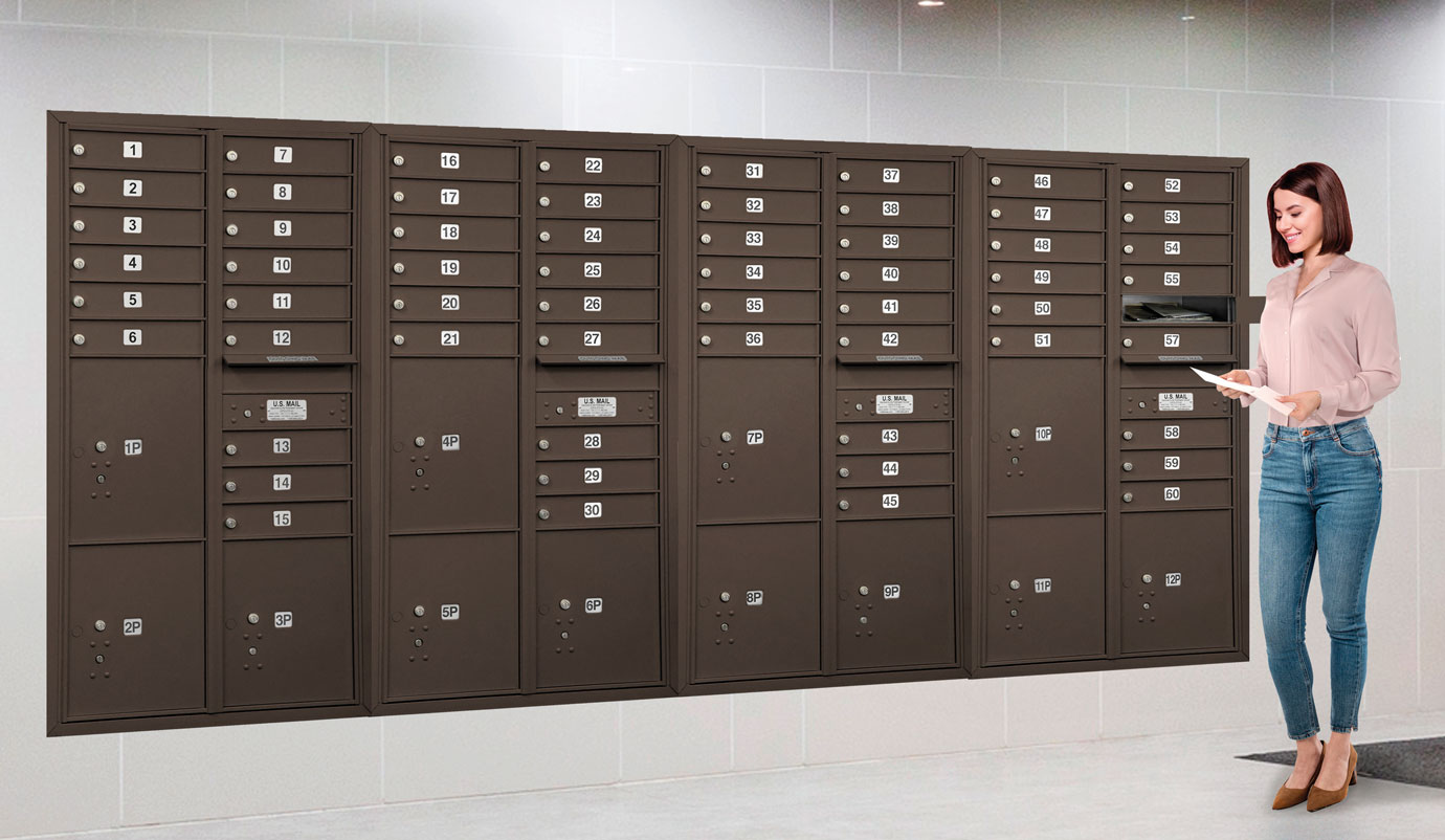 Woman Standing Next to Secure Commercial Mailboxes